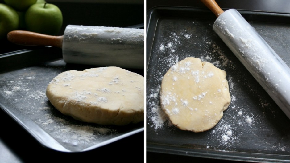 Shortcrust pastry dough and a rolling pin