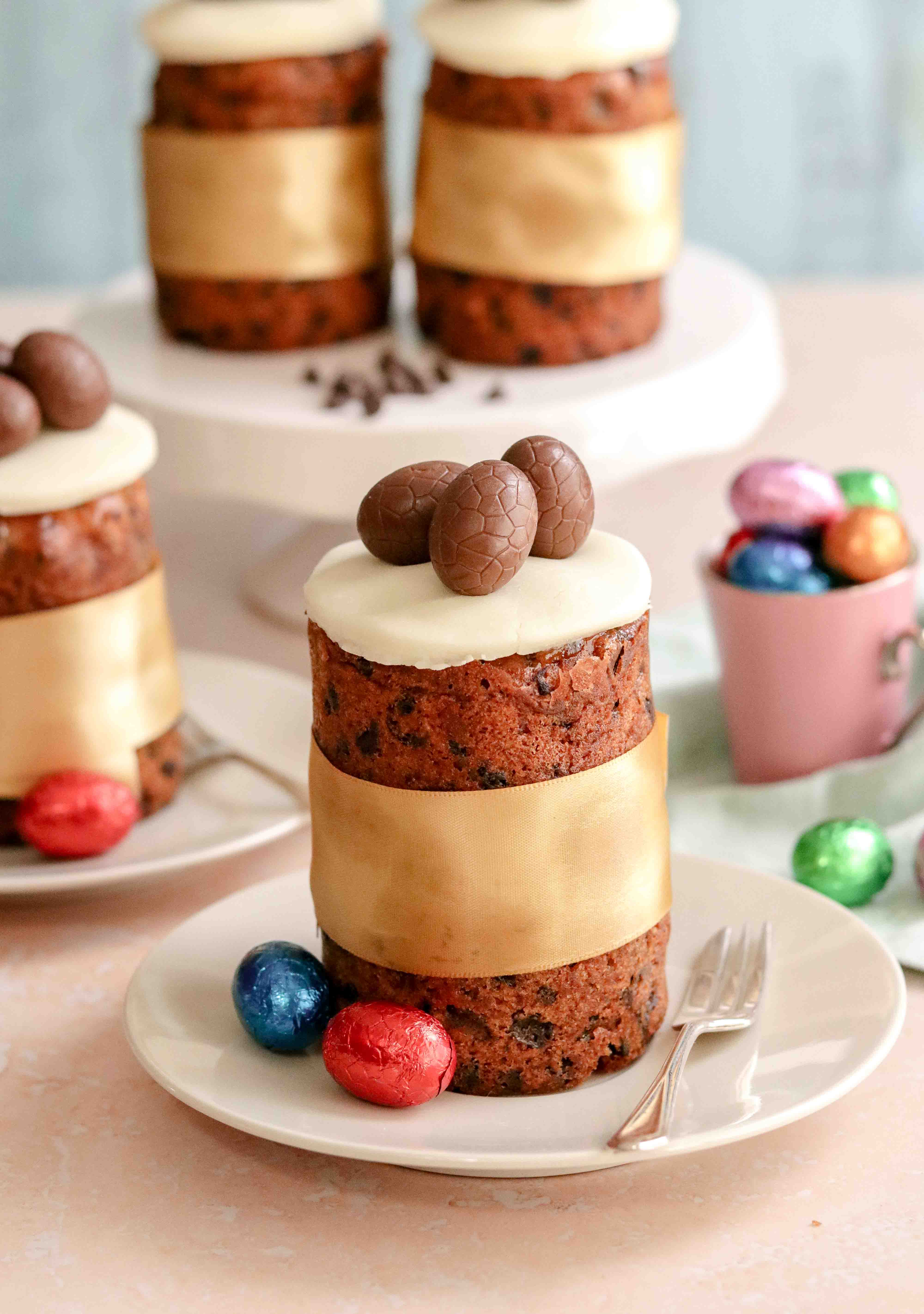 Individual Easter Simnel cakes with marzipan and chocolate