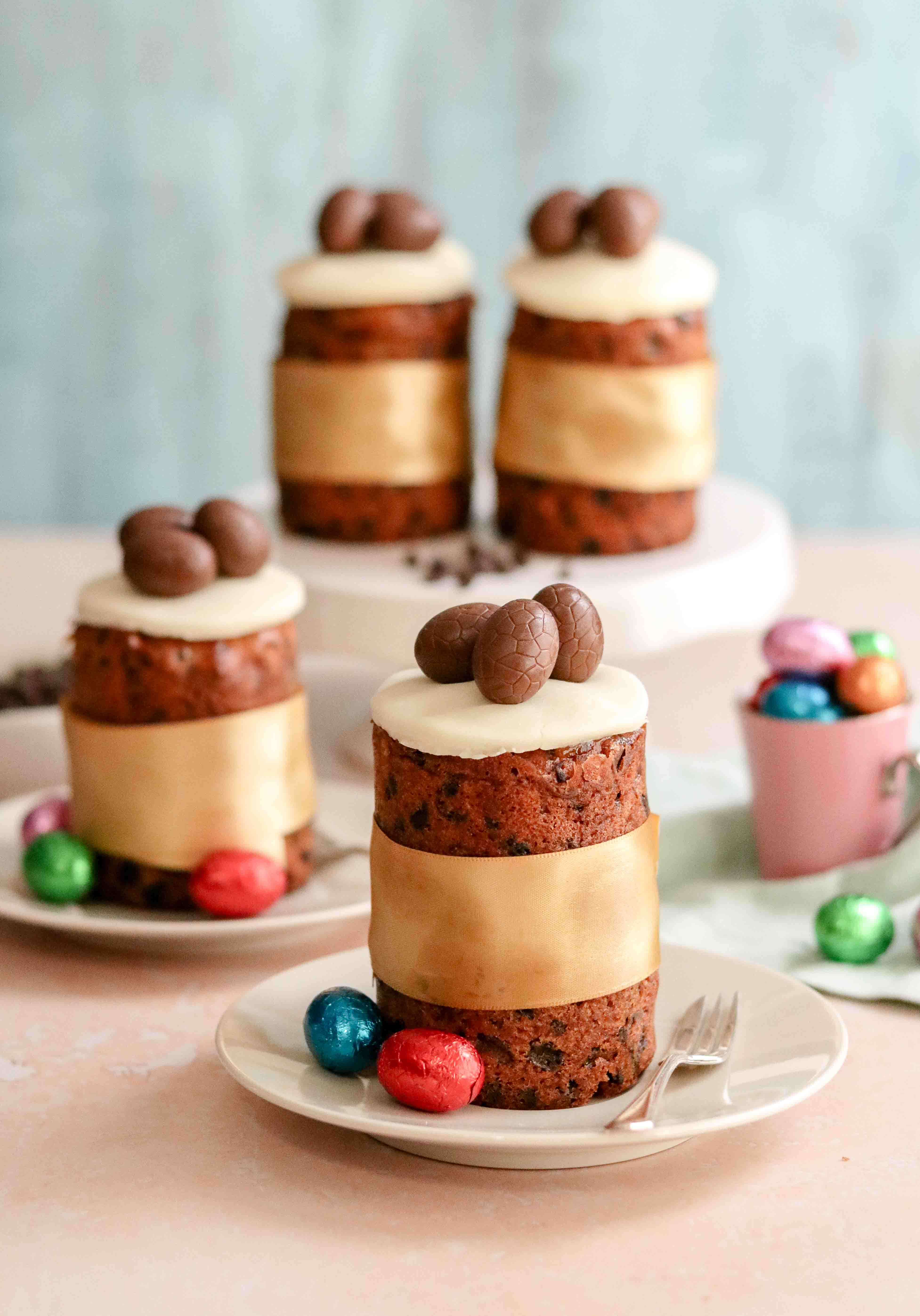 Individual Easter Simnel cakes with marzipan and chocolate