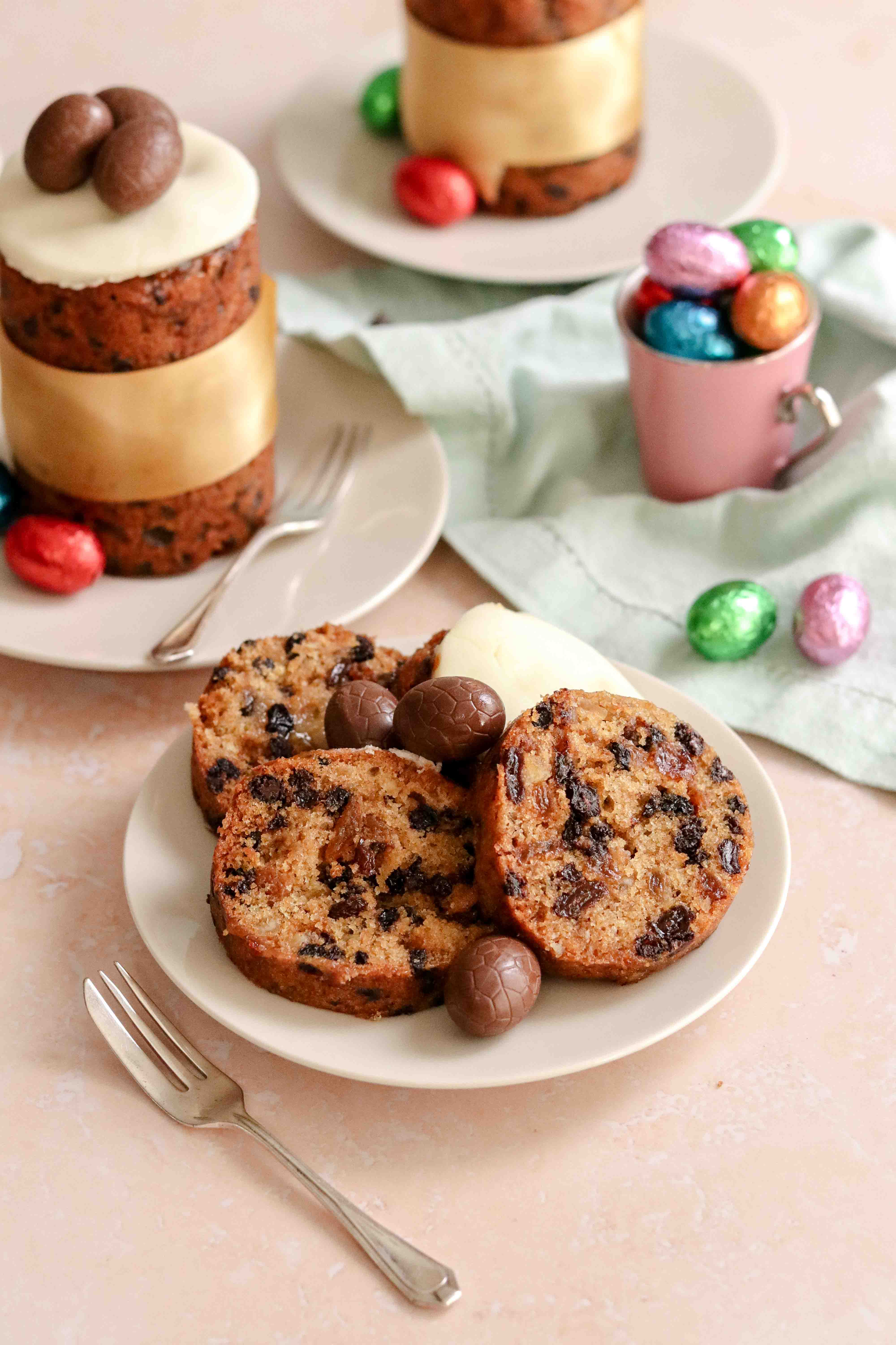 Individual Easter Simnel cakes with marzipan and chocolate