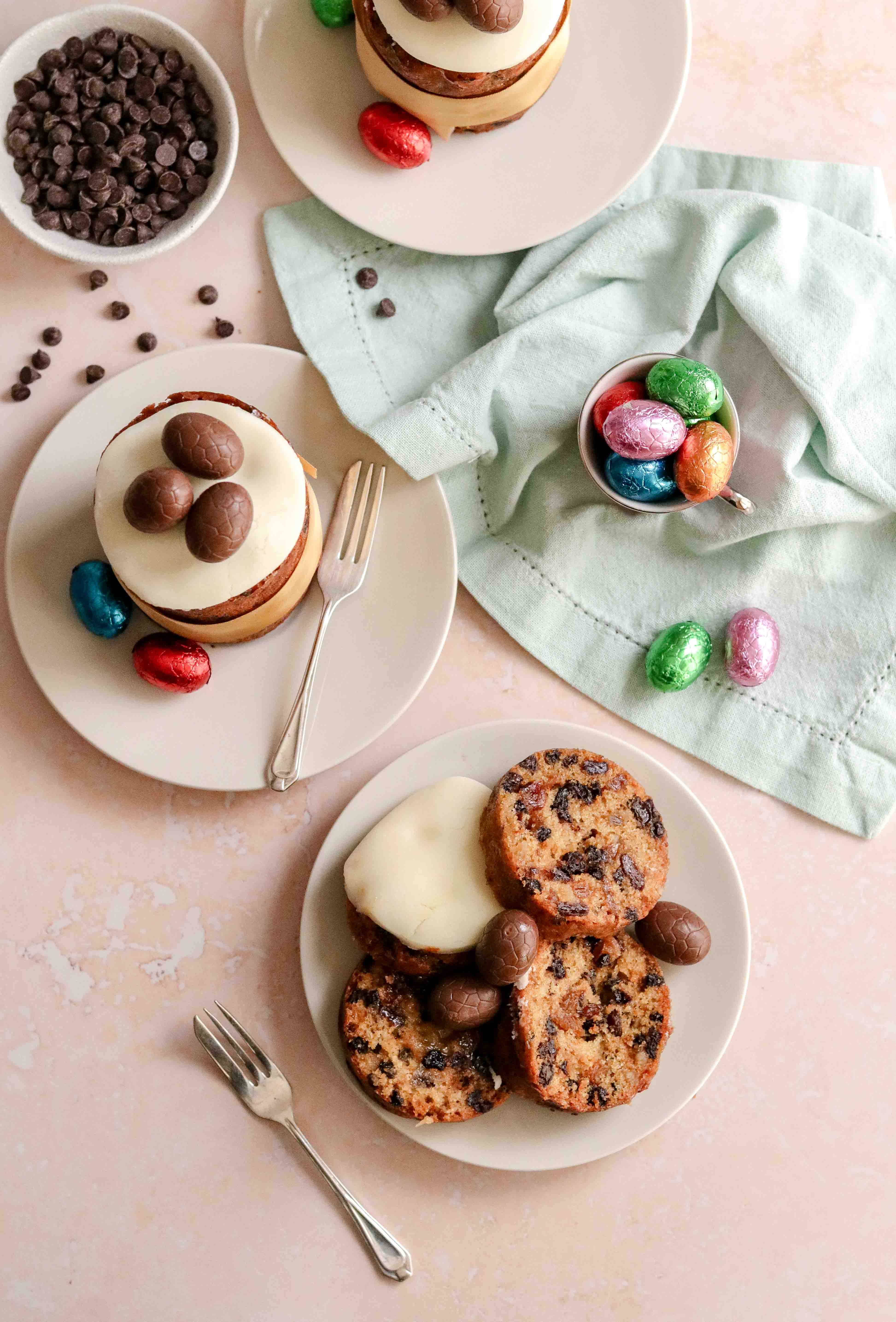Individual Easter Simnel cakes with marzipan and chocolate