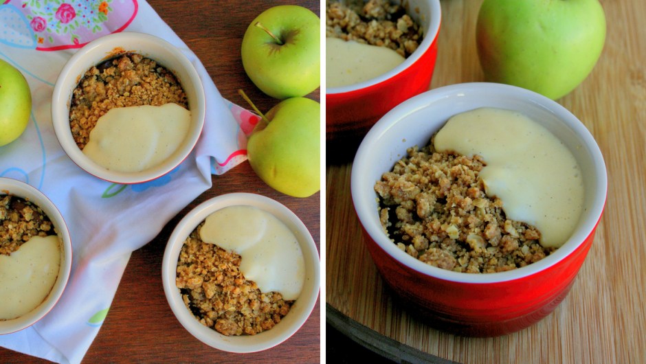 Apple crumble recipe with oat crumble and vanilla custard