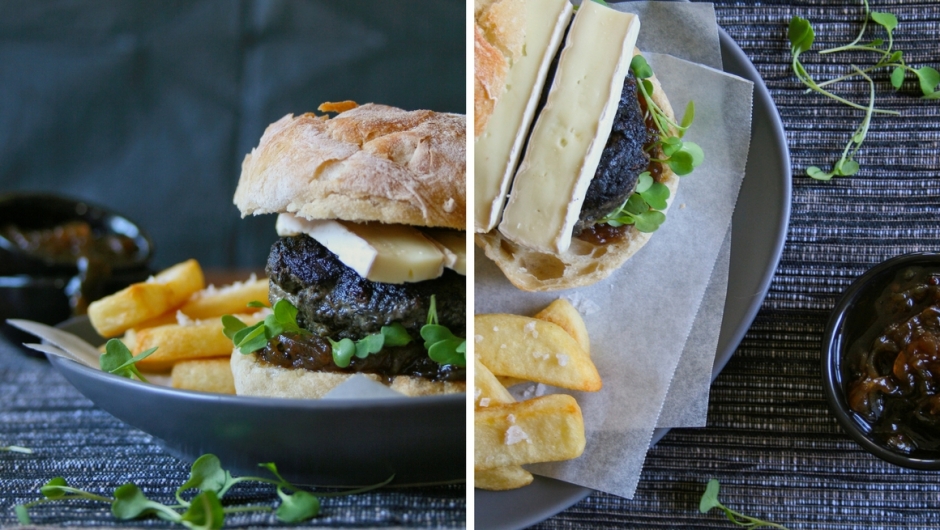 Beef and portabellini burgers with brie.