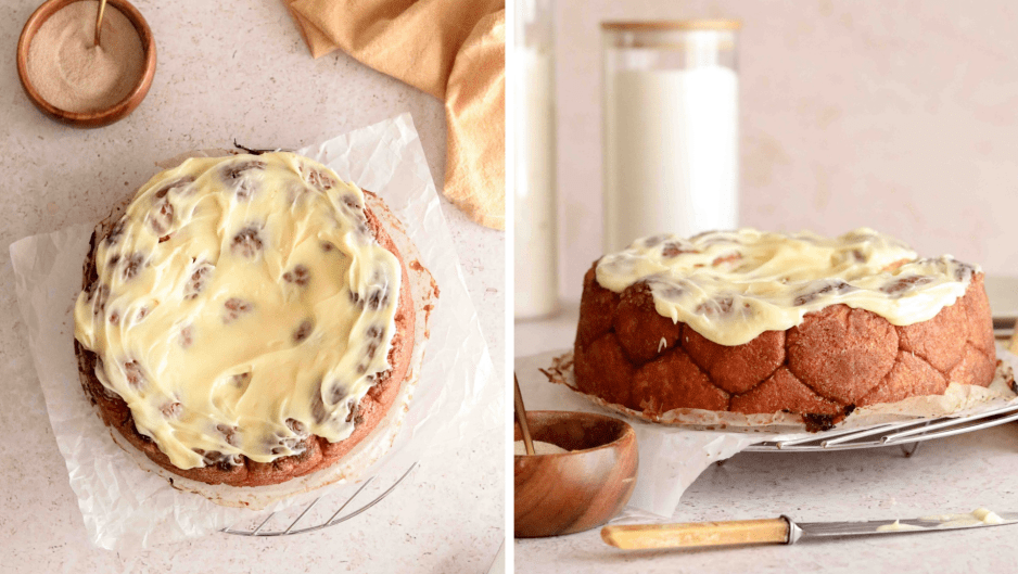 Photo of cinnamon sugar monkey bread with cream cheese icing.