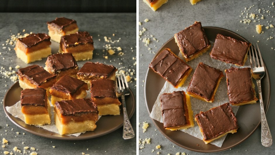 Millionaires shortbread with ganache topping.