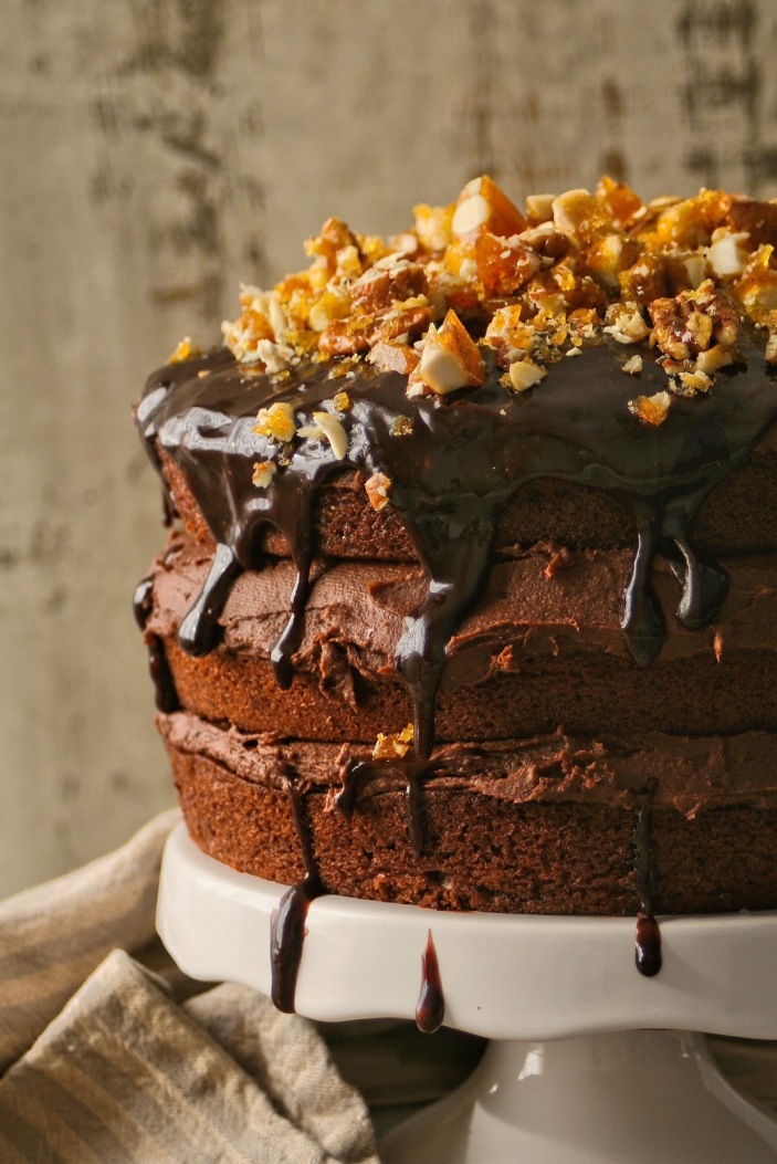 Close up of vegan chocolate cake. 