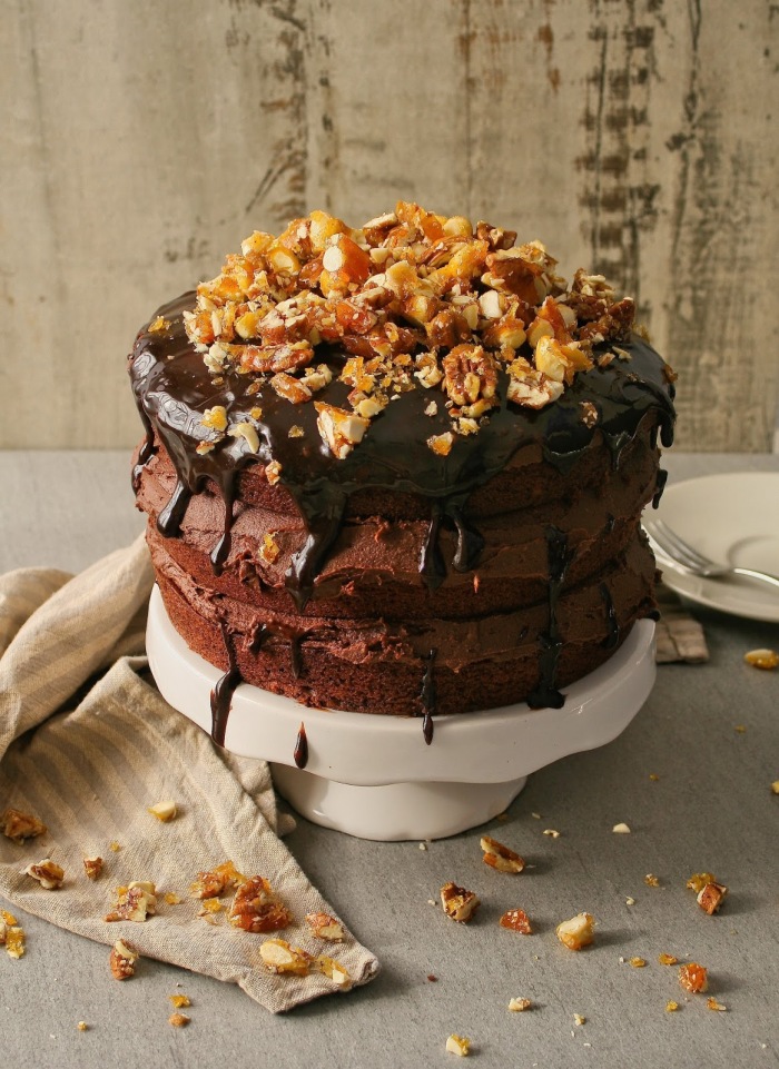Chocolate cake with chocolate icing and nut brittle. 