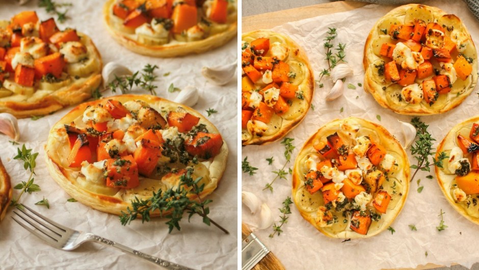 Sweet potato and butternut puff pastry tarts.