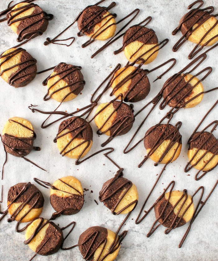 Vanilla and chocolate almond butter cookies drizzled with dark chocolate. 