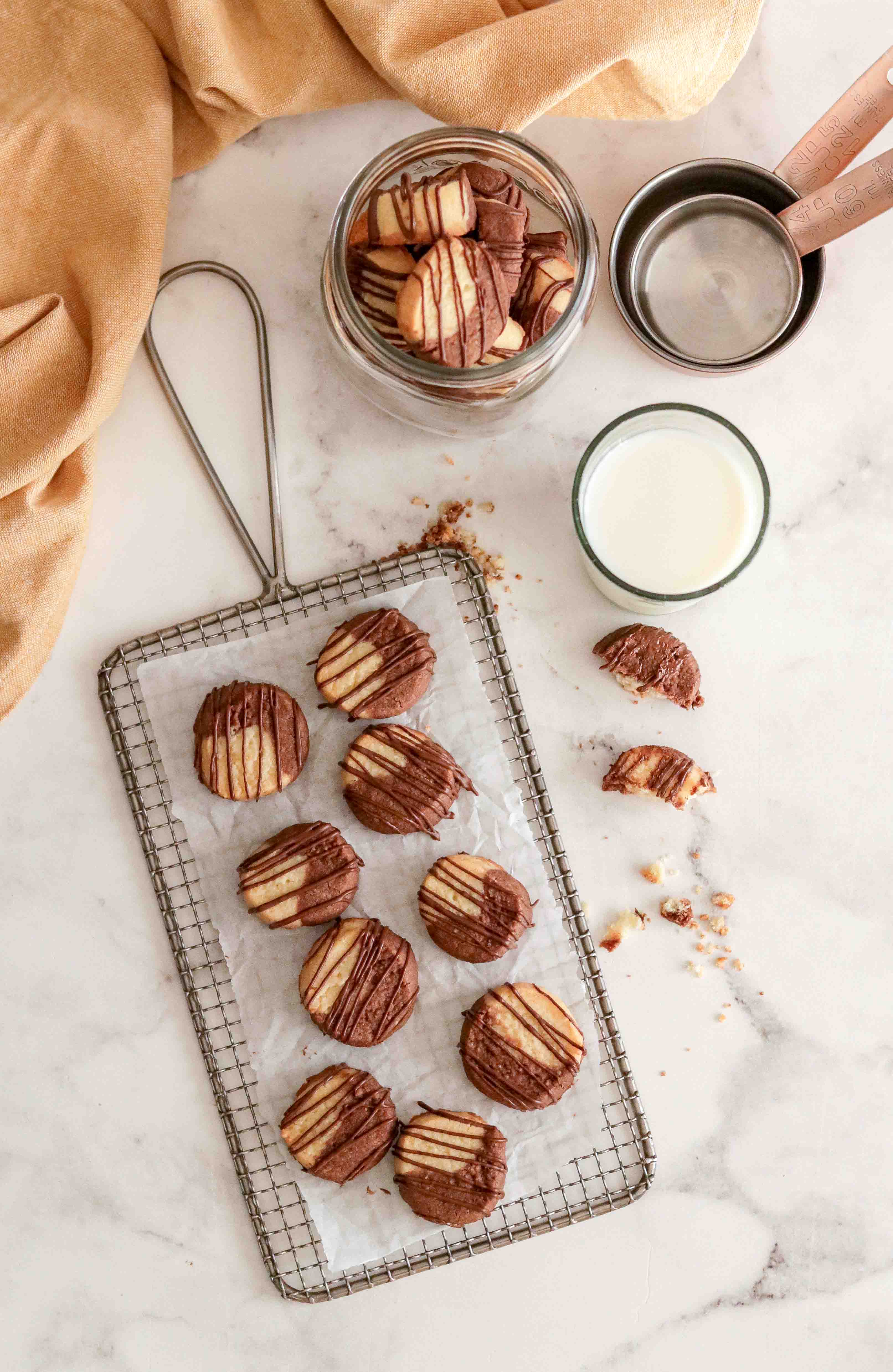 Top shot of cookies and milk 