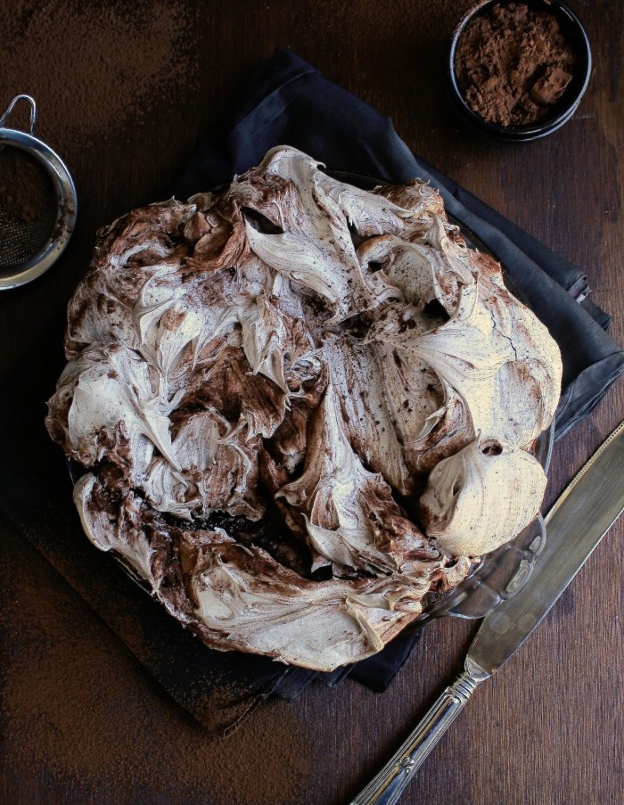 Aerial shot of chocolate meringue pie with cocoa. 