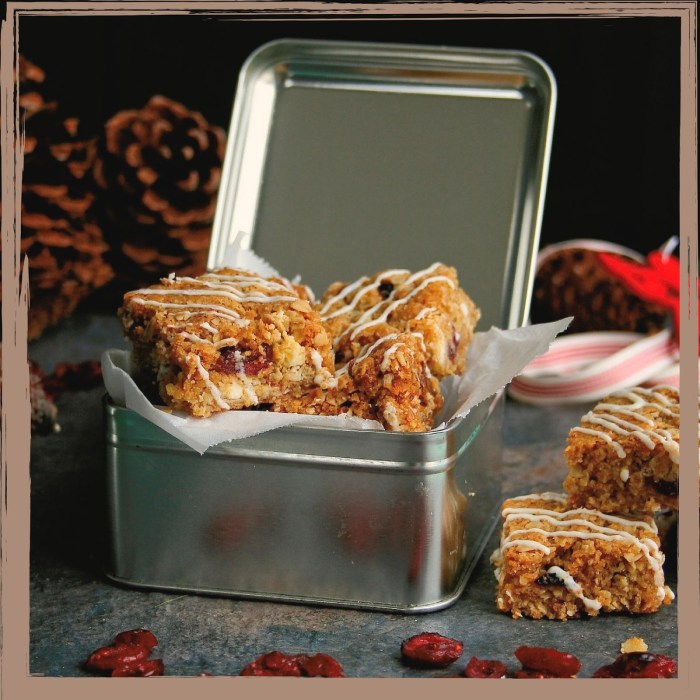 Edible gifts for Christmas. A tin of cranberry and white chocolate crunchies.