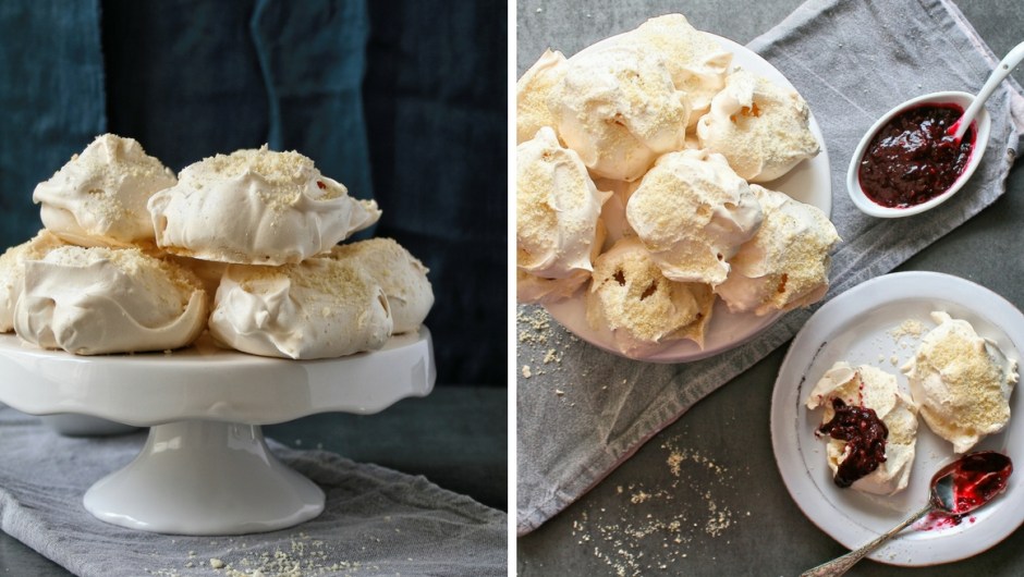 Almond meringues with a berry sauce.