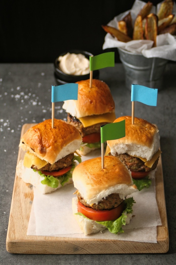 Beef sliders for kids with sweet potato wedges. 