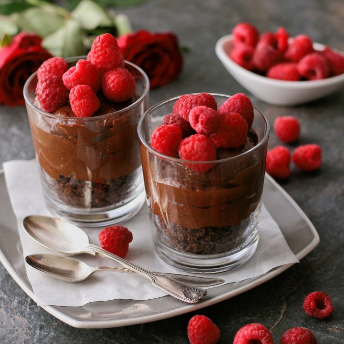 Chocolate mousse with raspberries and kahlua. Chocolate mousse with biscuit base.