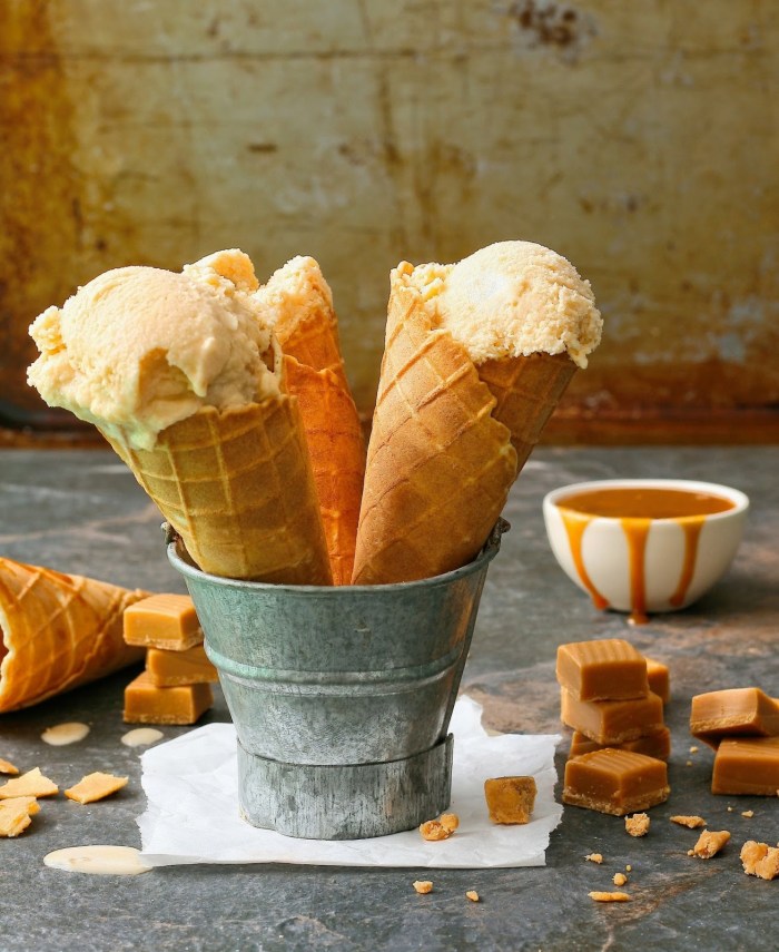 Caramel ice cream. Caramel ice cream with toffee pieces.