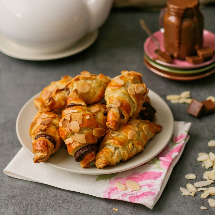Mini croissants with chocolate and almonds. 