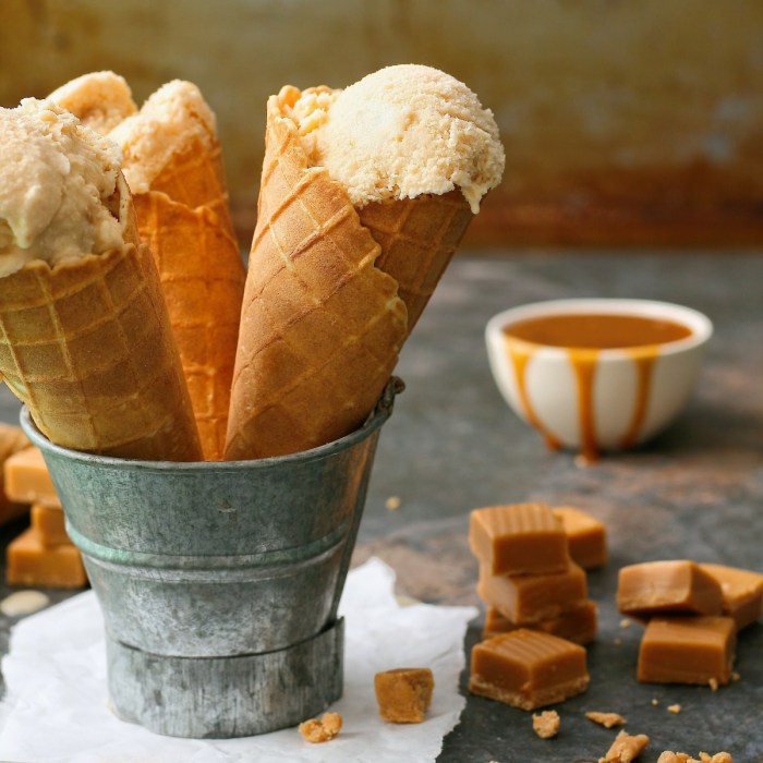 Salted caramel ice cream. Salted caramel ice cream with toffees and caramel sauce.