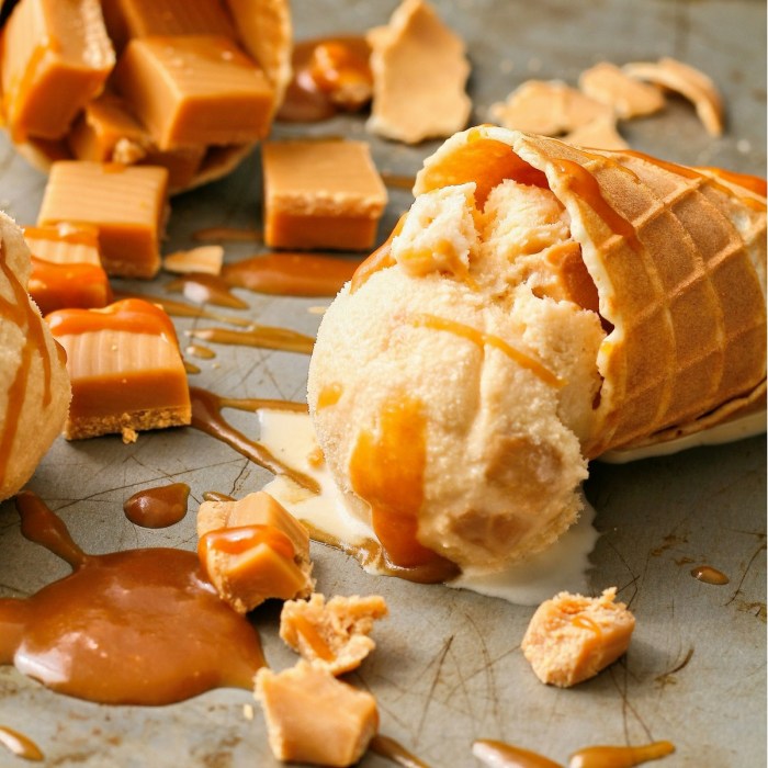 Caramel ice cream in a cone. Salted caramel ice cream in a sugar cone.