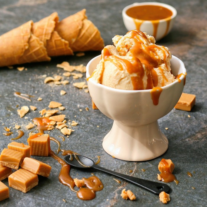 Ice cream with salted caramel sauce. Salted caramel ice cream with caramel sauce.