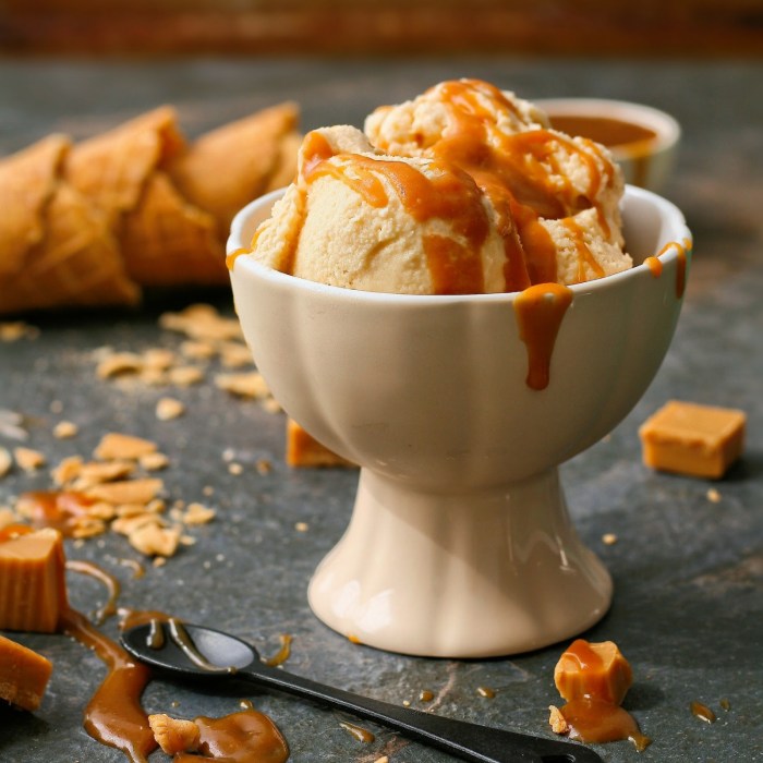 Salted caramel toffee chunk ice cream Salted caramel ice cream with salted caramel sauce.