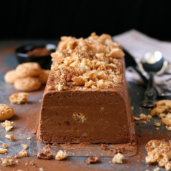 Dark chocolate semifreddo with amaretti biscuits. 