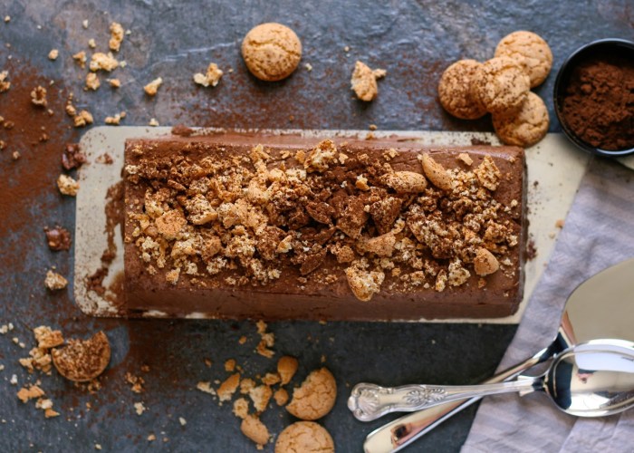 Dark chocolate semifreddo with amaretti biscuits. 