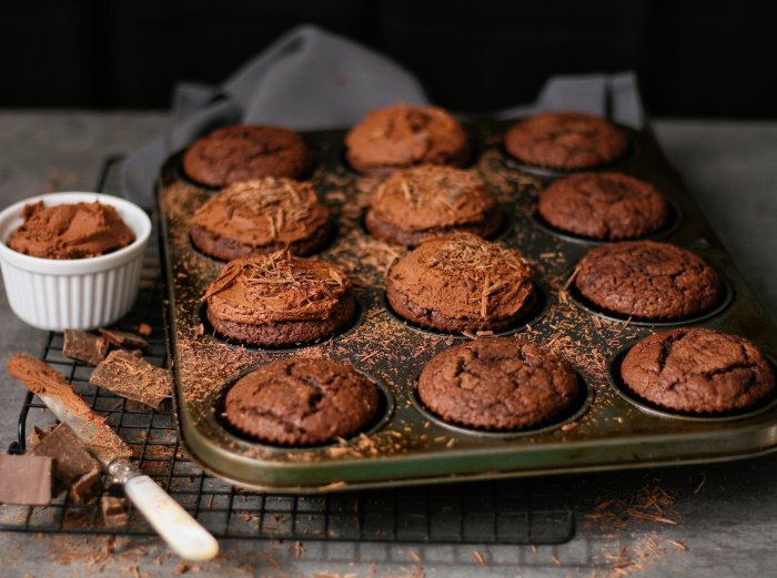 A tray of chocolate cupcakes. 