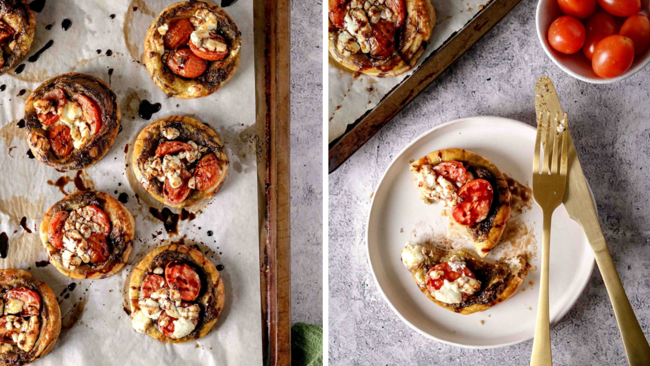 Puff pastry tartlets with tomatoes and chevin