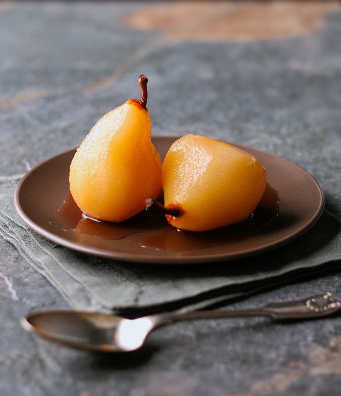 Pears poached in rose wine. 