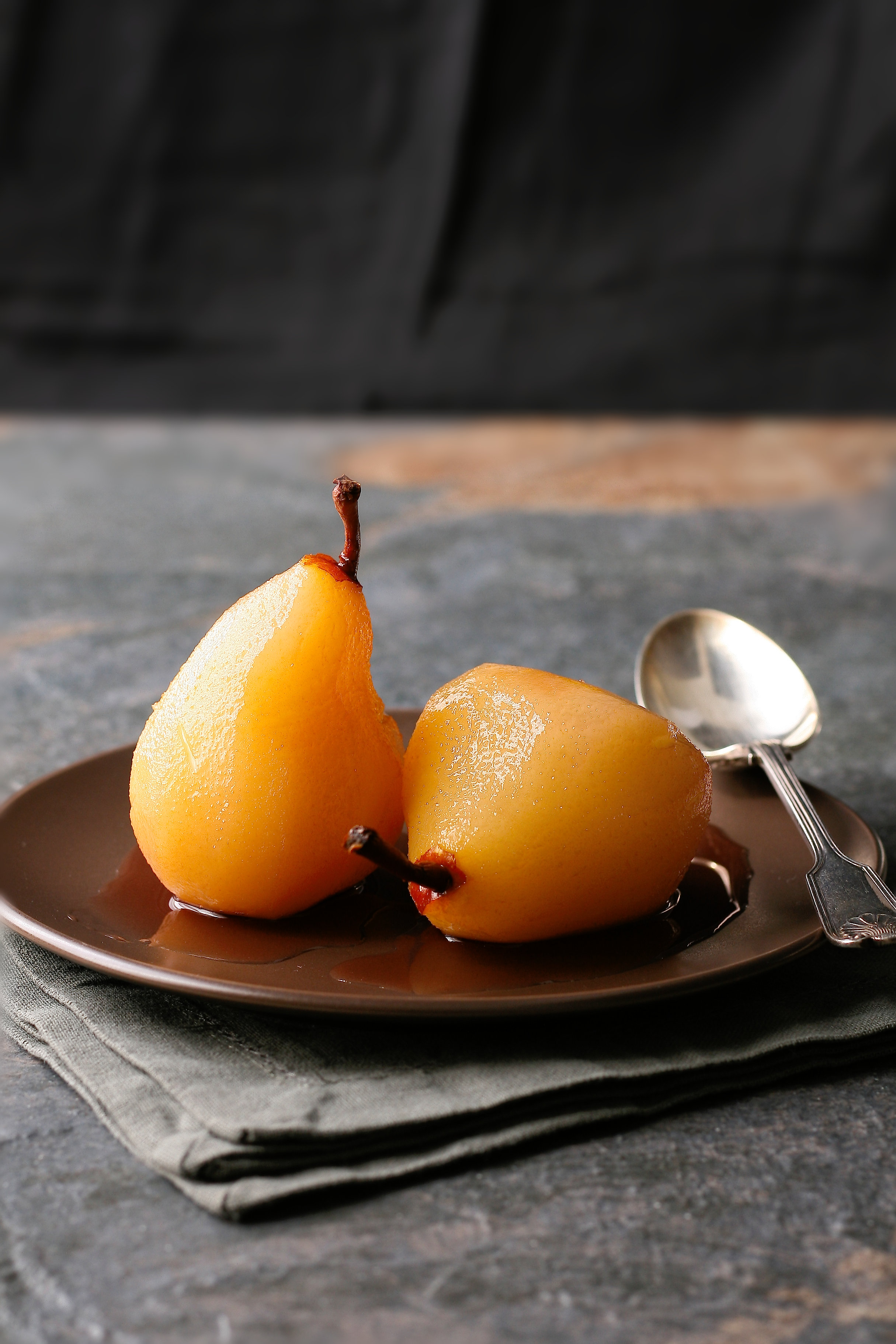 Pears poached in rose wine. 