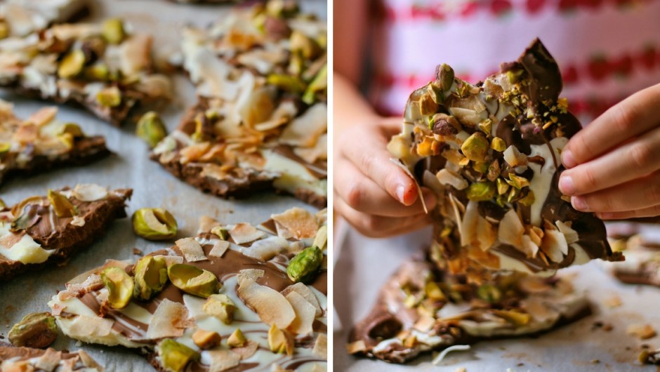 Dark chocolate bark with pistachios and coconut.