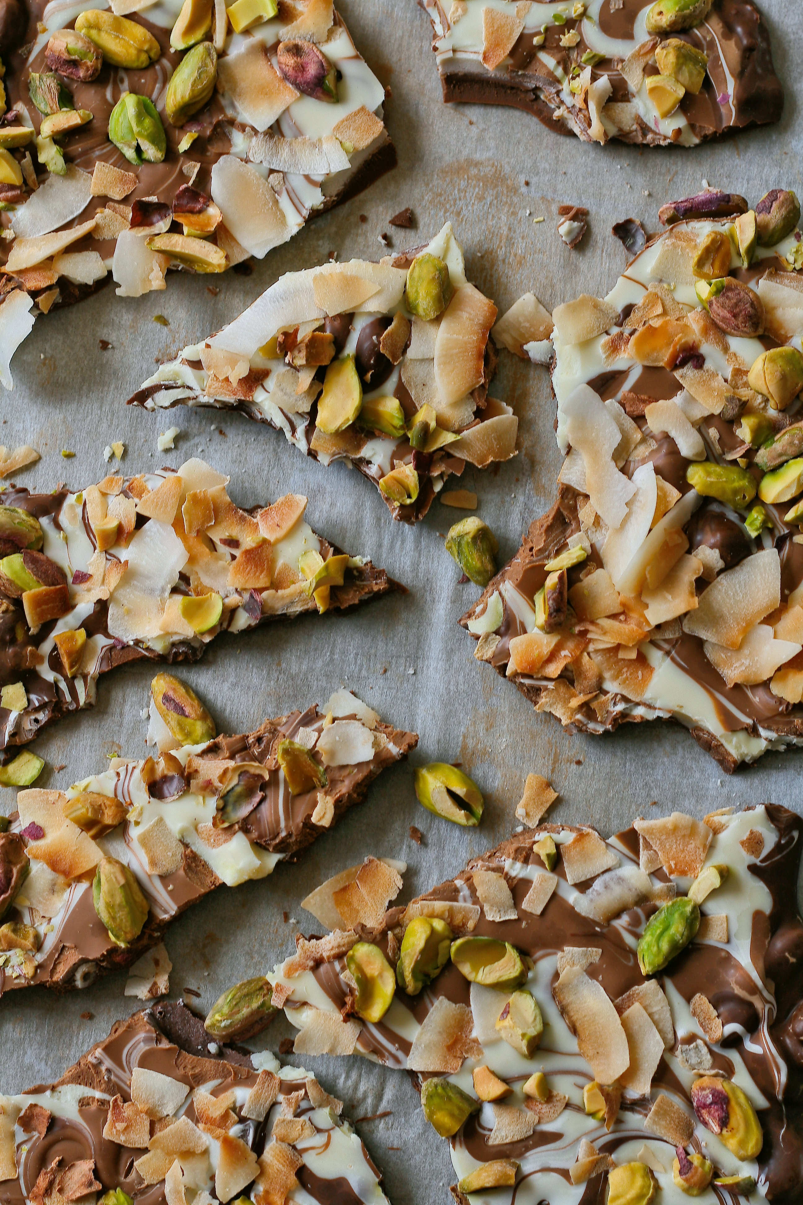 Chocolate bark recipe with nuts and coconut. 