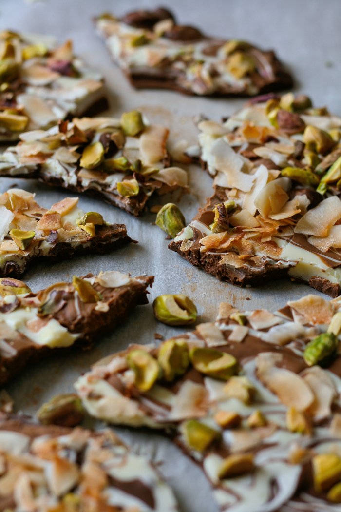 Chocolate bark recipe with nuts and coconut. 