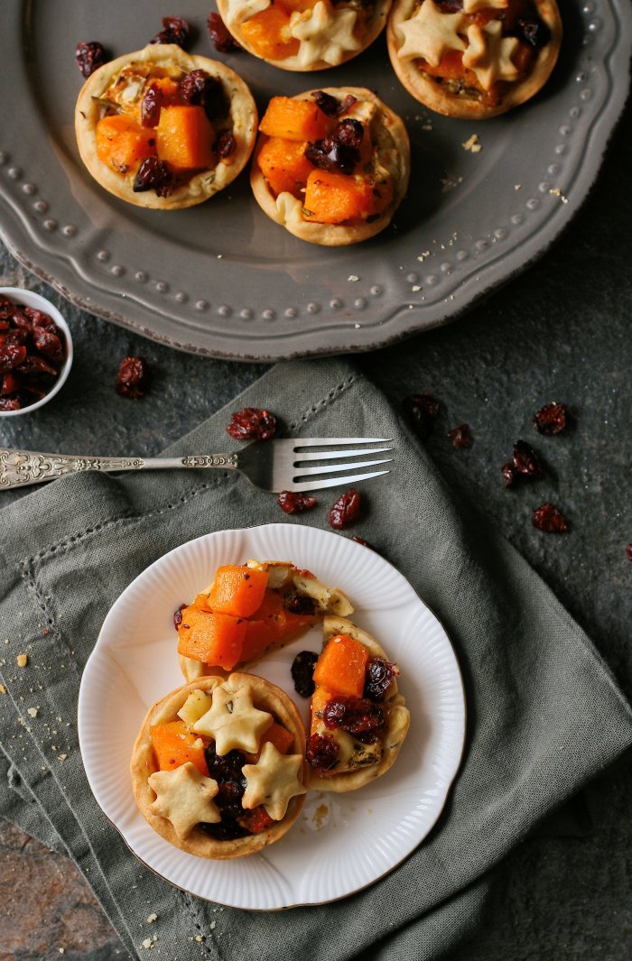 Butternut and brie tartlets with cranberries and shortcrust pastry