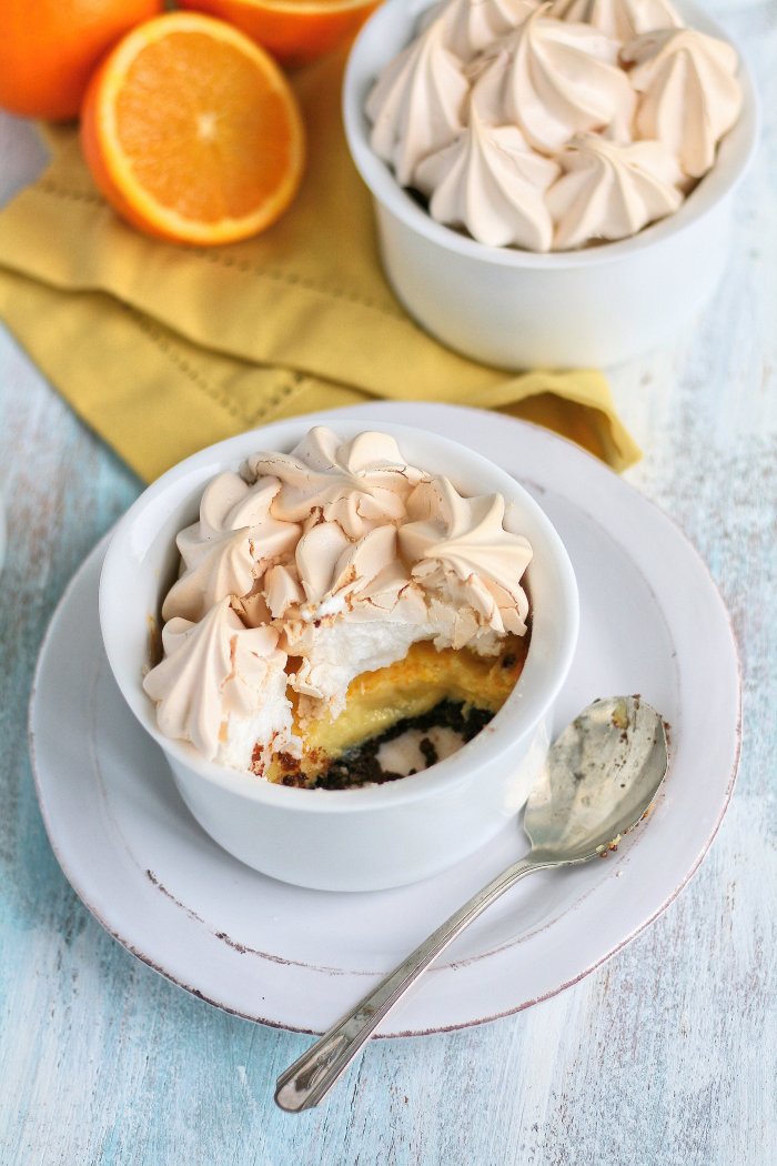 Orange meringue pie with a chocolate base.
