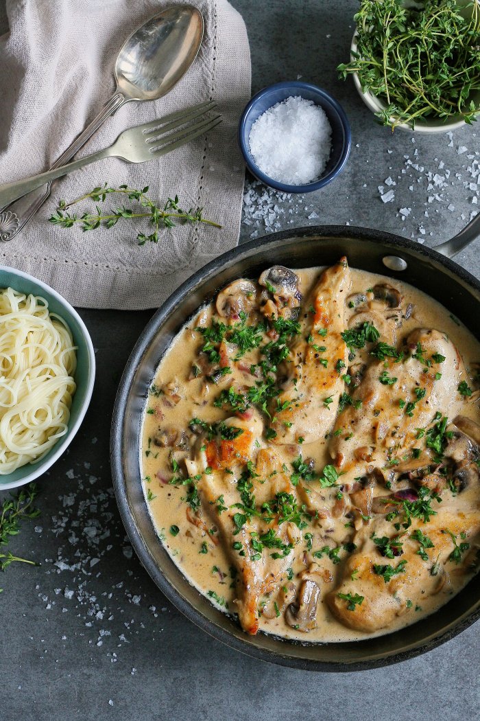 Quick chicken fillets in white wine sauce.