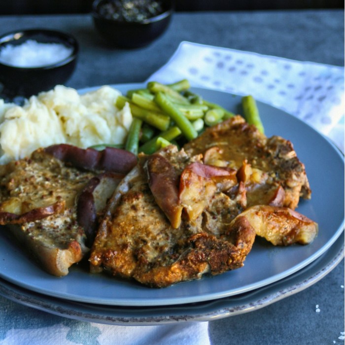Garlic and mustard roasted pork chops recipe with apple and creamy mash