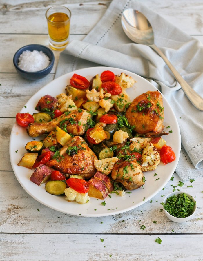 Chicken and veggie tray bake