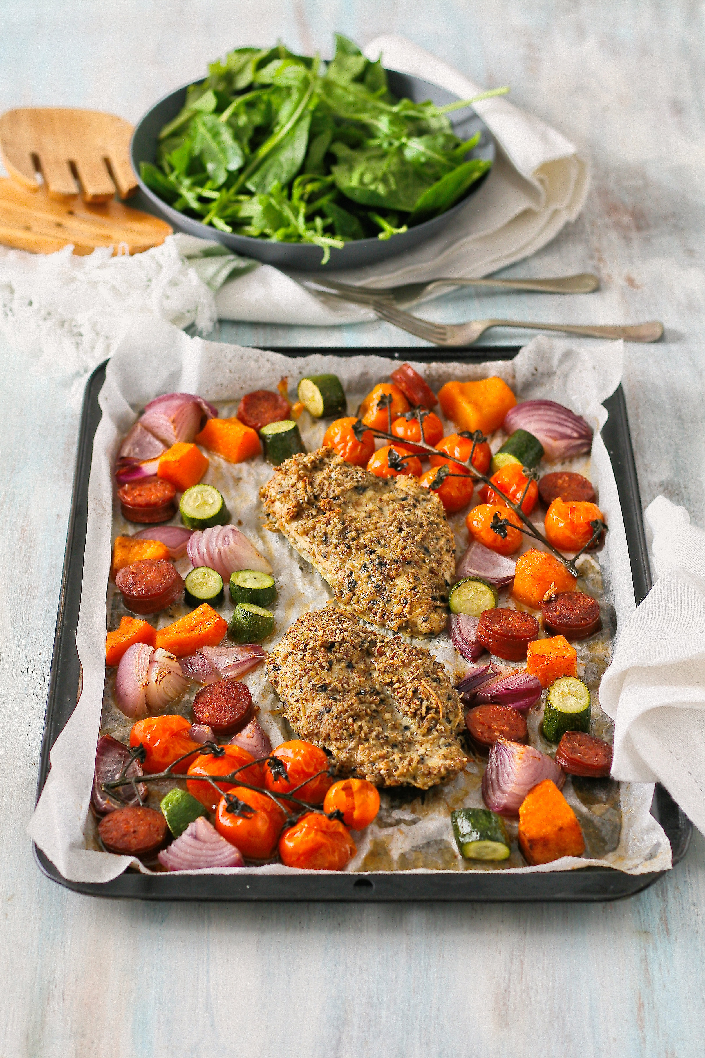 Dukkah chicken and vegetable tray bake