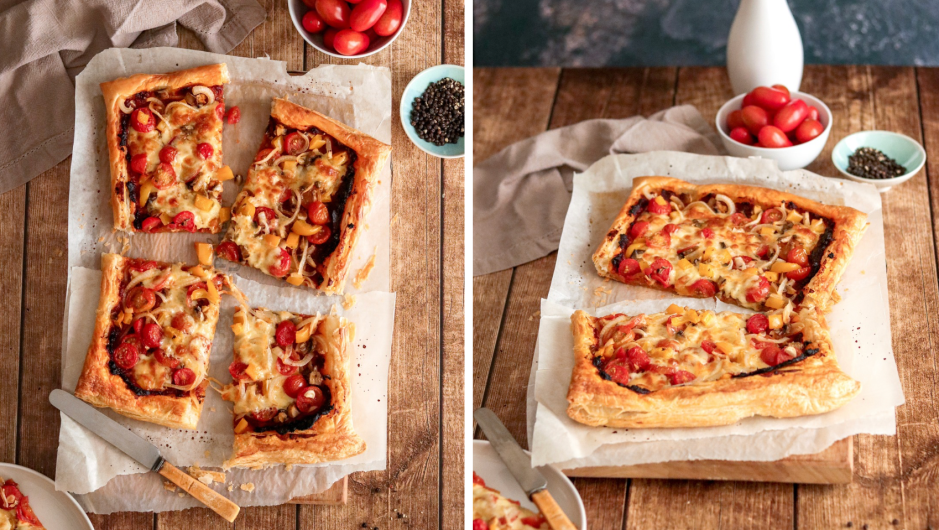 Puff pastry tart with tomato pesto, roasted veggies and mozzarella