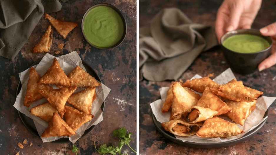 Pictures of vegetarian samoosas with dipping sauce