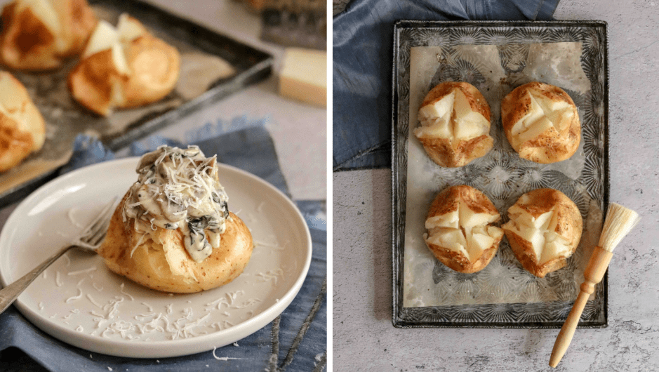 Recipe blog post with jacket potatoes and creamy sauce