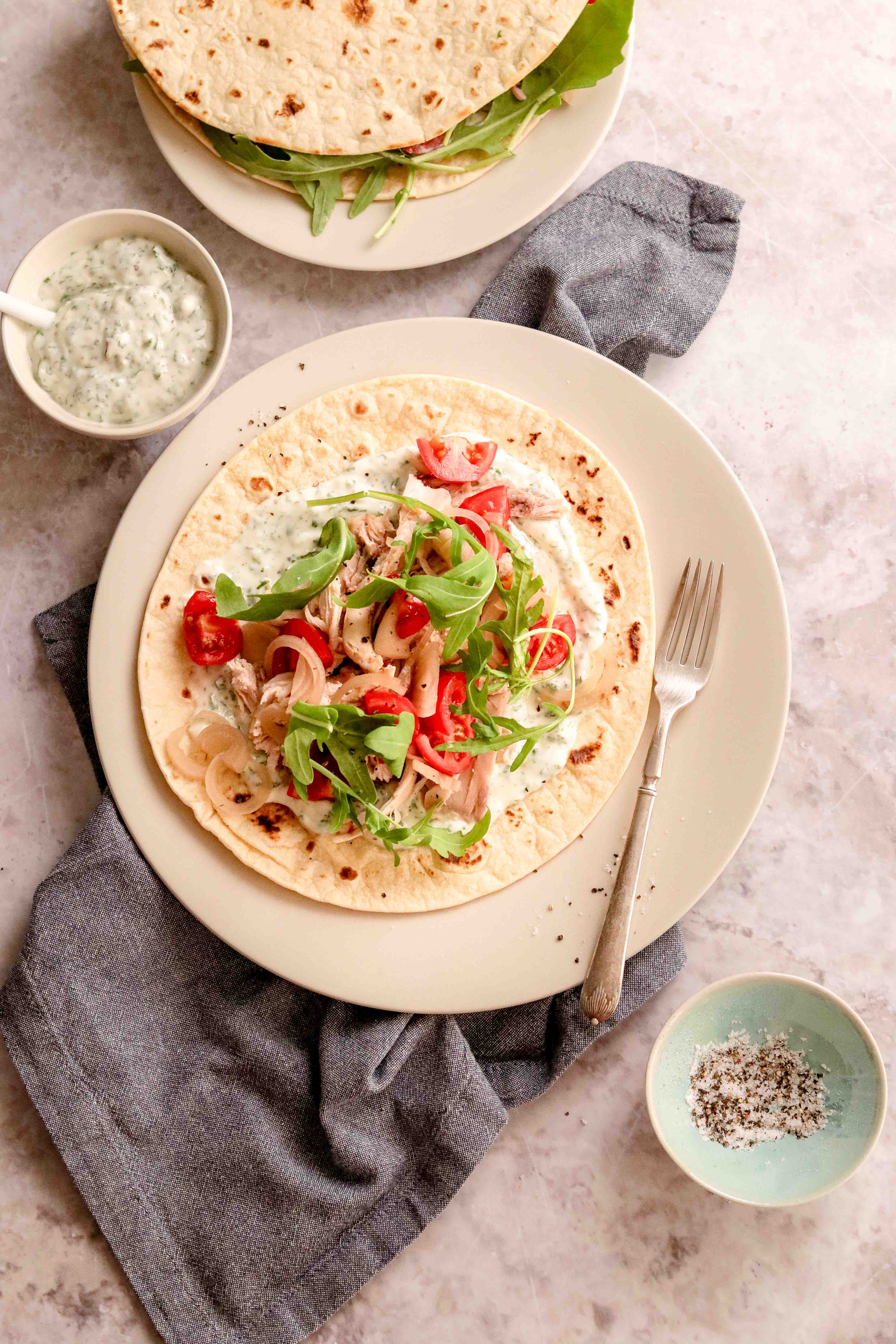 Chicken salad roti top shot