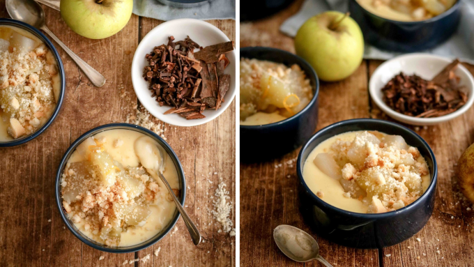 Custard pots with stewed fruit and crumble