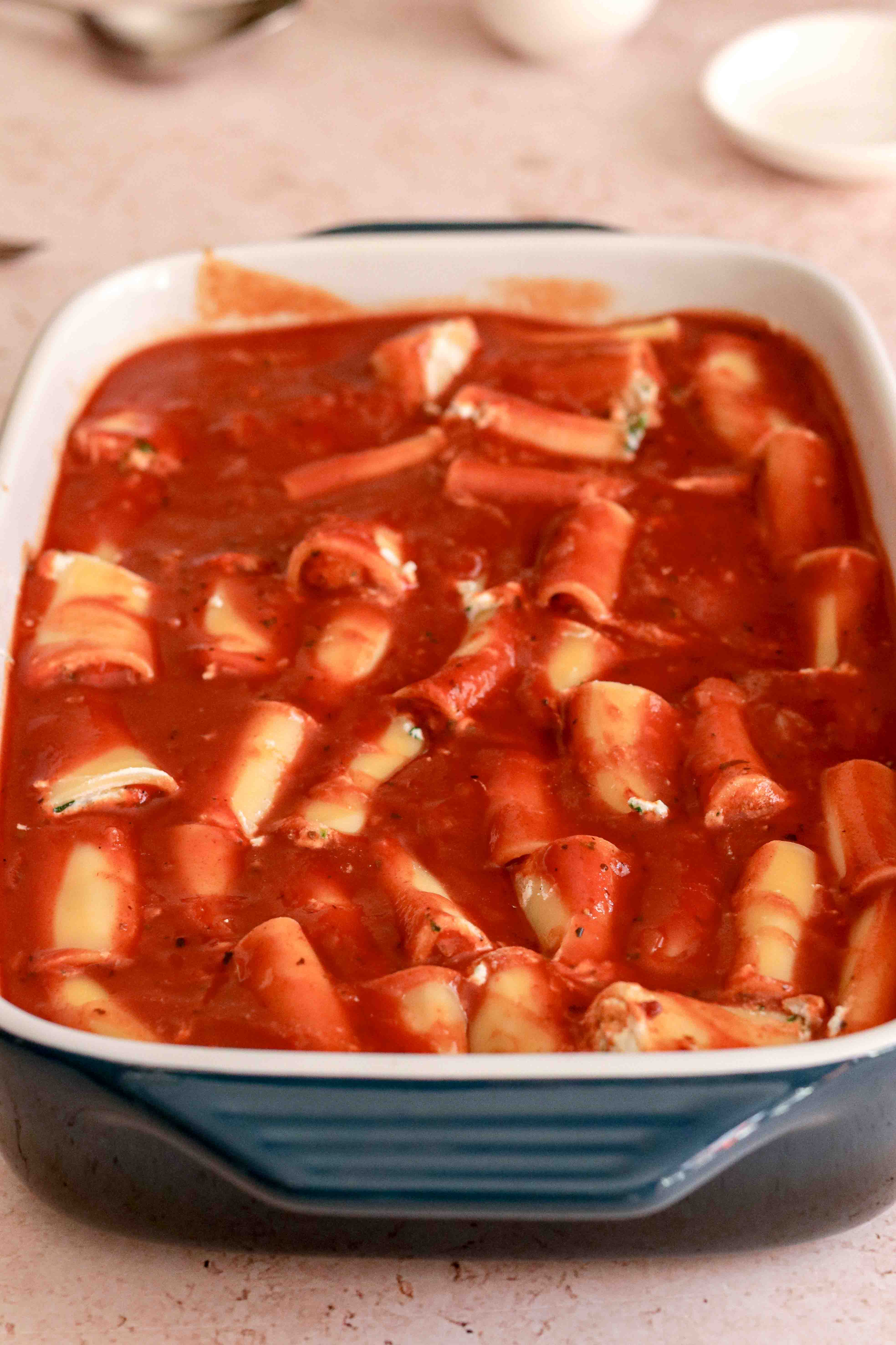A tray of stuffed pasta ready for the oven 