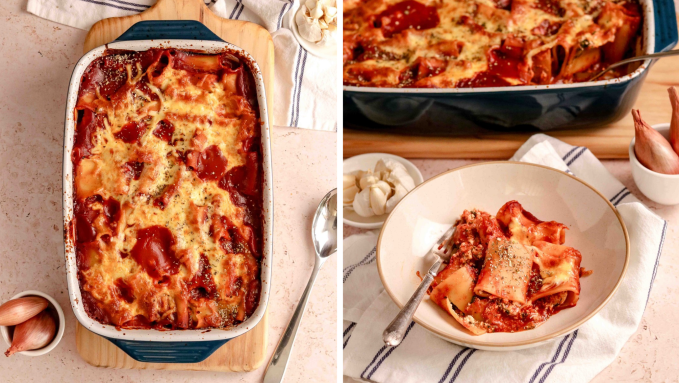 Dish with stuffed pasta and tomato sauce