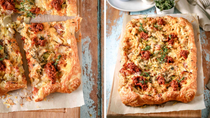 Golden puff pastry galette with creamy chicken
