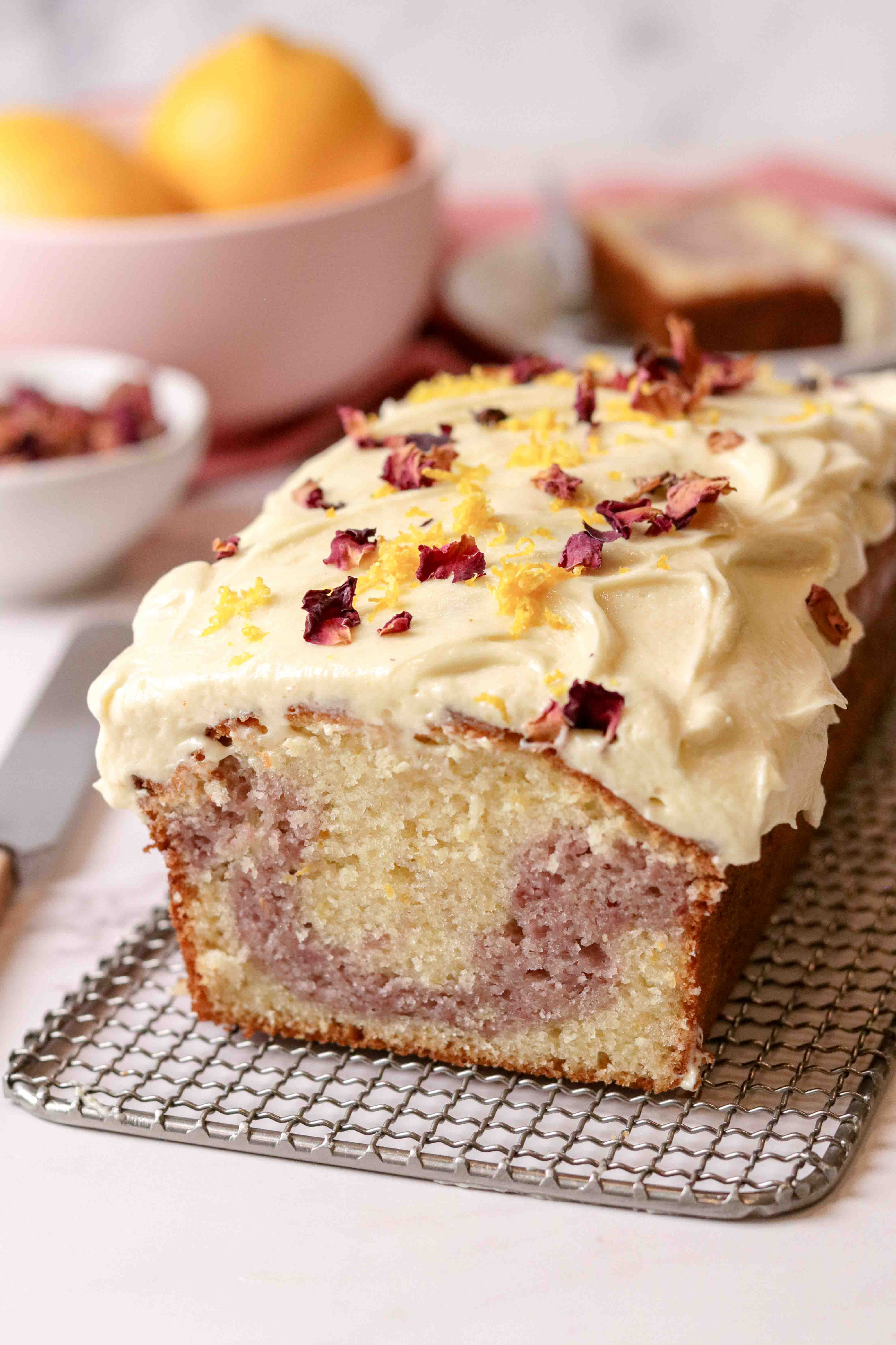 Lemon loaf cake with raspberry and white chocolate 